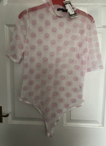 Boohoo Mesh Pink Polka Dot Bodysuit Short Sleeve Ladies Size 16 BNWT