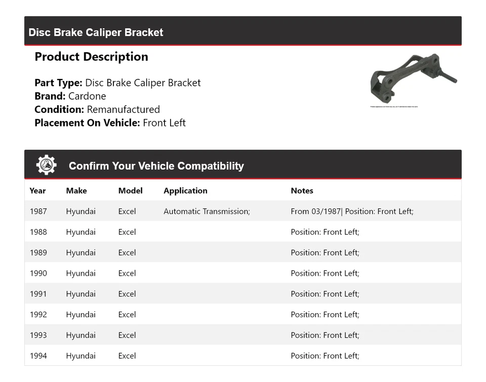 Soporte pinza freno disco delantero izquierdo cardone 1988 para Hyundai Excel 1987-1994 Foto 2 de 4