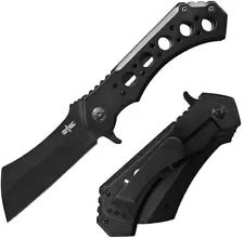 S-TEC Folding Knife 5" Black Finish Cleaver Blade Stainless Steel Construction