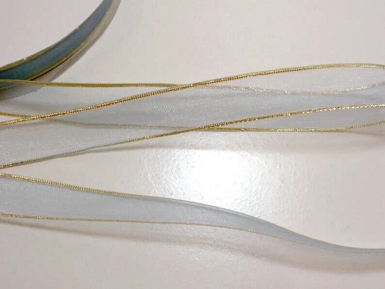 Sheer Light Blue Organza Ribbon 5/8" x 10 yards Metallic Gold Edge Schiff B19 - Image 3 of 4