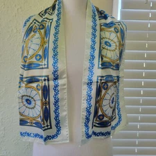 Vintage Scarf Blue White Nautical Geo Beachy Silky Satin ornate circles 10x47"