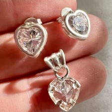 Cubic Zirconia Heart White Clear CZ Silver Tone Pendant Earrings Jewelry Set