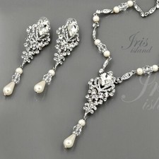 Pearl Crystal Necklace Earrings Wedding Jewelry Set 00187 Handmade Silver Tone