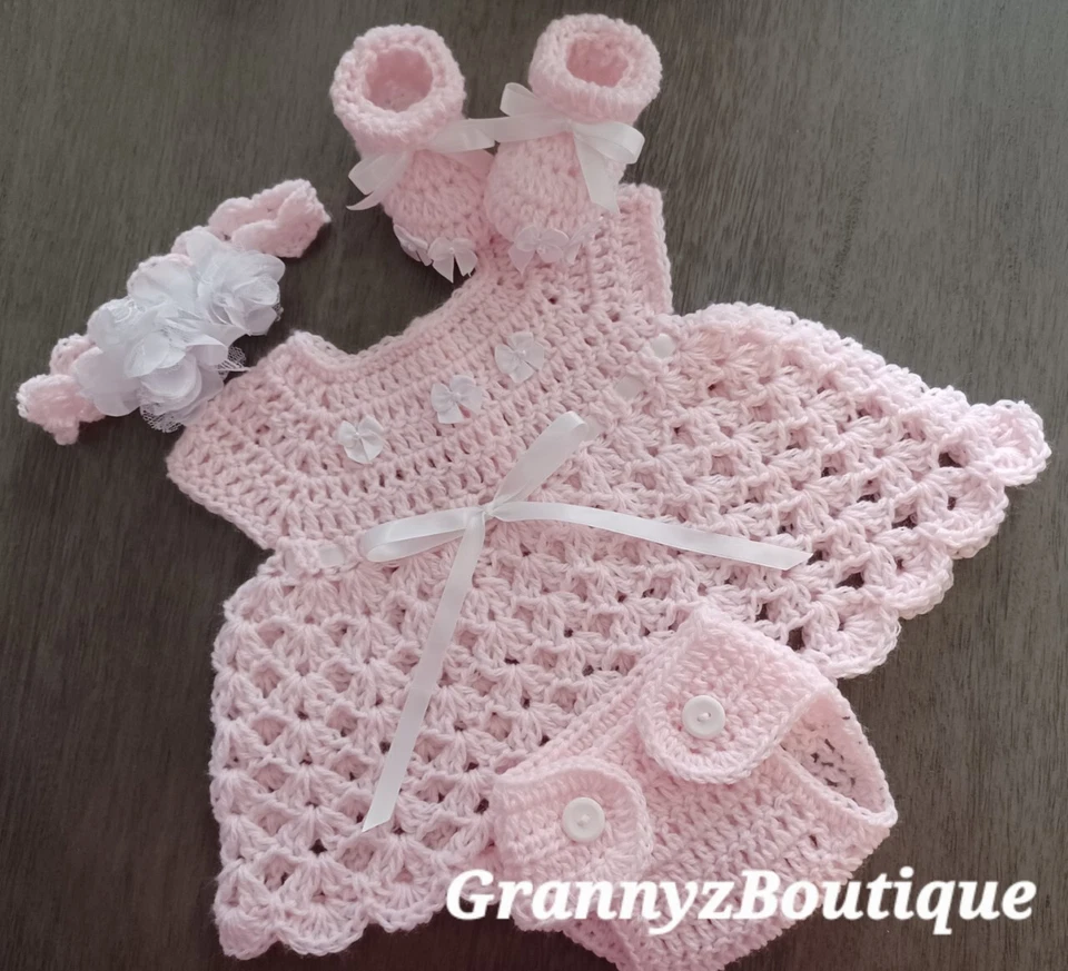 Crochet Baby Pink  White Baby Dress Set Headband, Diaper Cover, Booties Girl - Image 4 of 4