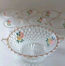 Dessert Bowl Set Fruit Punch Diamond Cut Glass Floral Handles Lubiana Italy