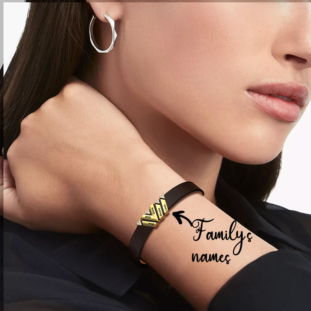 Leather Bangle Custom 3-8 Names Beads Charm Bracelet Jewelry Gift For Men Women