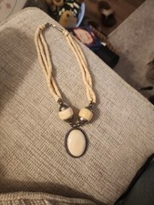 Cream Color Boho Ethnic 17 Inch Necklace With Silvertone Accents With Earrings