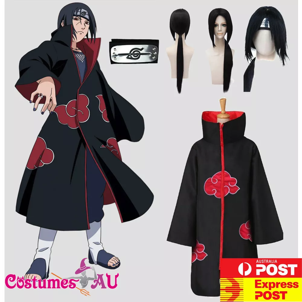 Mens Naruto Akatsuki Costume Cloak Robe Anime Cosplay Itachi Outfit Wig  Headband