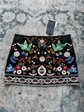 NWT Zara Woman Mini Skirt Black Floral Embroidered Boho Chic Small