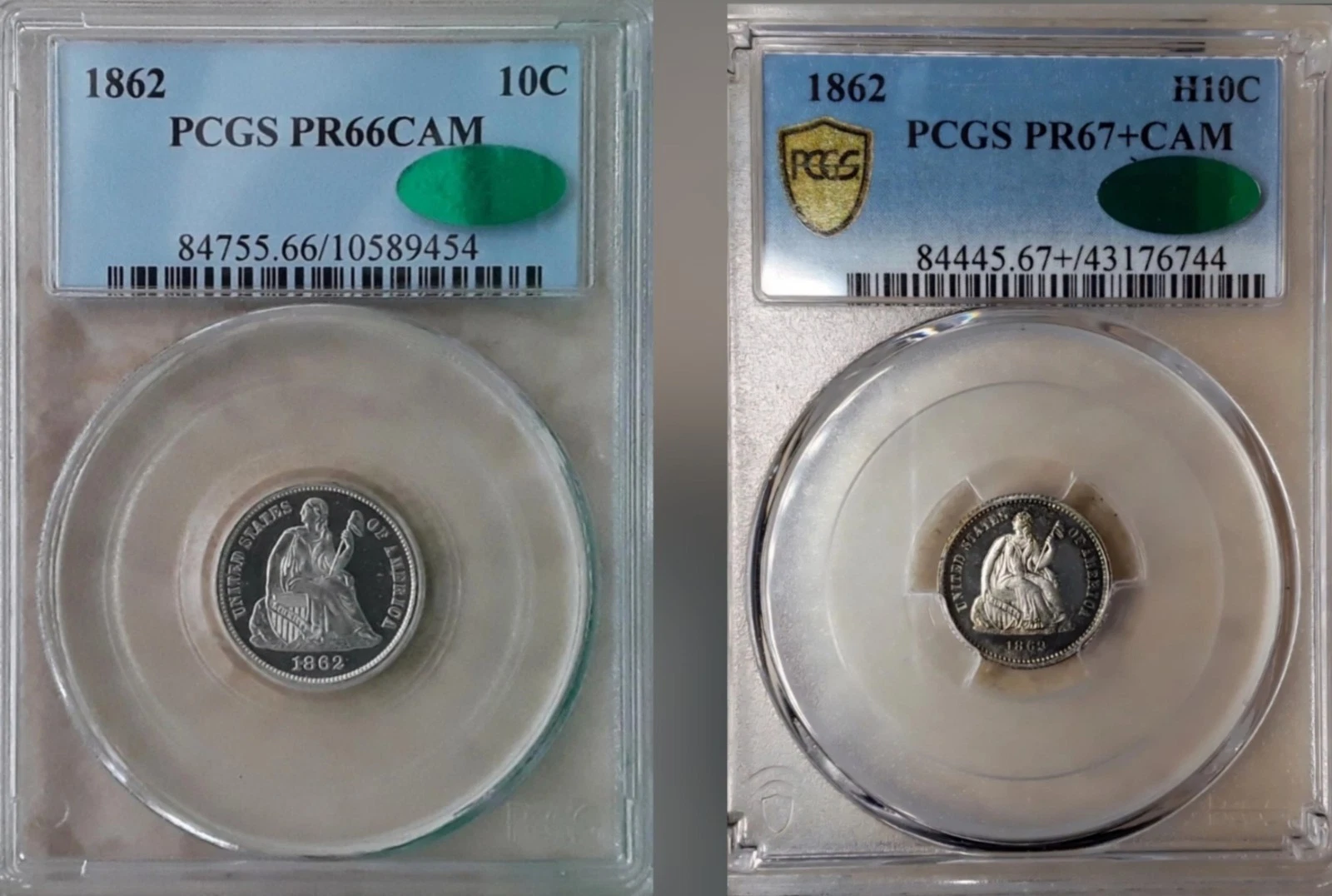 1862 10c & H10c PCGS PR-66CAM & PR-67+CAM BOTH ARE FINEST AT PCGS WITH CAC...
