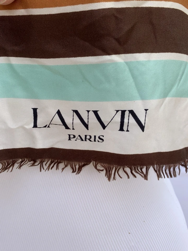 H2# Lanvin Paris Vintage Bufanda de Seda Azul Estampado Geométrico a Rayas Hecha en Francia Foto 2 de 4