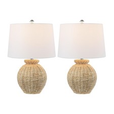22" Brown Rattan Rustic Coastal Table Lamp Set of 2, Woven Wicker Globe Base ...