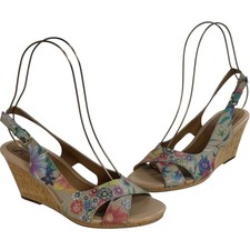 Sofft Cailean Floral Print Leather Cork Wedge Slingback Sandals Women's Size 8