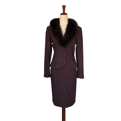 Victor Costa Brown Tweed Skirt Suit Jacket Fur Collar Evening Formal sz 4