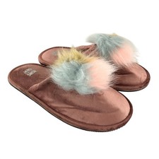 Jane and the Shoe Womens Clog Slippers Velvet Pom Faux Fur Brown Size 10