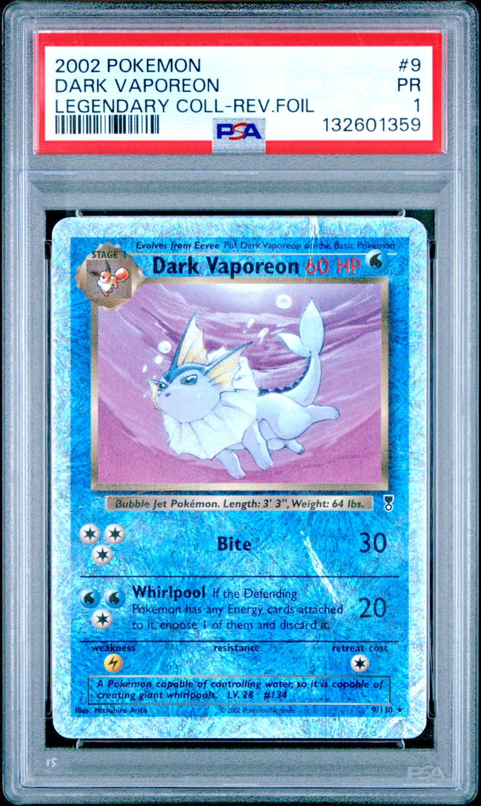 PSA 1 PR 2002 Pokemon Legendary Collection Dark Vaporeon 9/110 Reverse Holo Foil