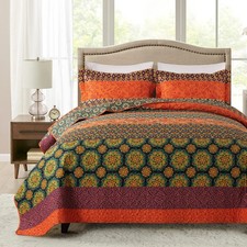 Quilt Set, 3-Piece Queen Size Quilt Set with 2 Pillow Shams- Boho Reversible ...