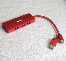 USB 3.0 Hub, 4 Ports A Splitter Ultra-Slim Expander 0.5 Feet RED