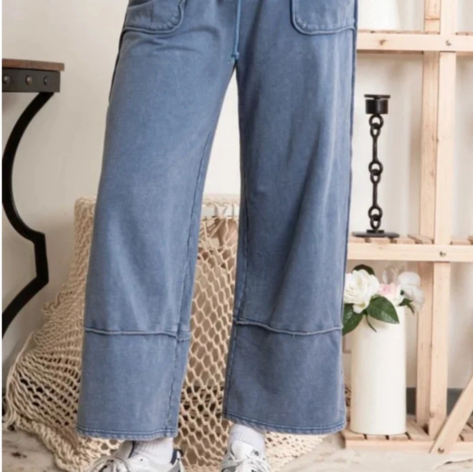 Pantalones de punto de terciopelo azul bolsillos con cordón boho gitano 100 % algodón talla grande