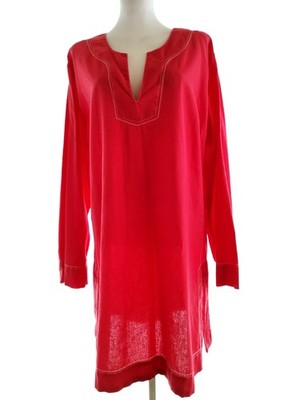 TWILFIT Damen Kleid Gr. XL Rot Leinen Langer Ärmel Knielang Geteilter