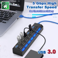 USB 3.0 Hub 7 Ports On/Off Switch High Speed Splitter AC Adapter Cable Laptop PC
