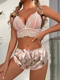 Sexy Floral Print Contrast Lace Satin Pink Lingerie Set Bra Shorts Intimate US