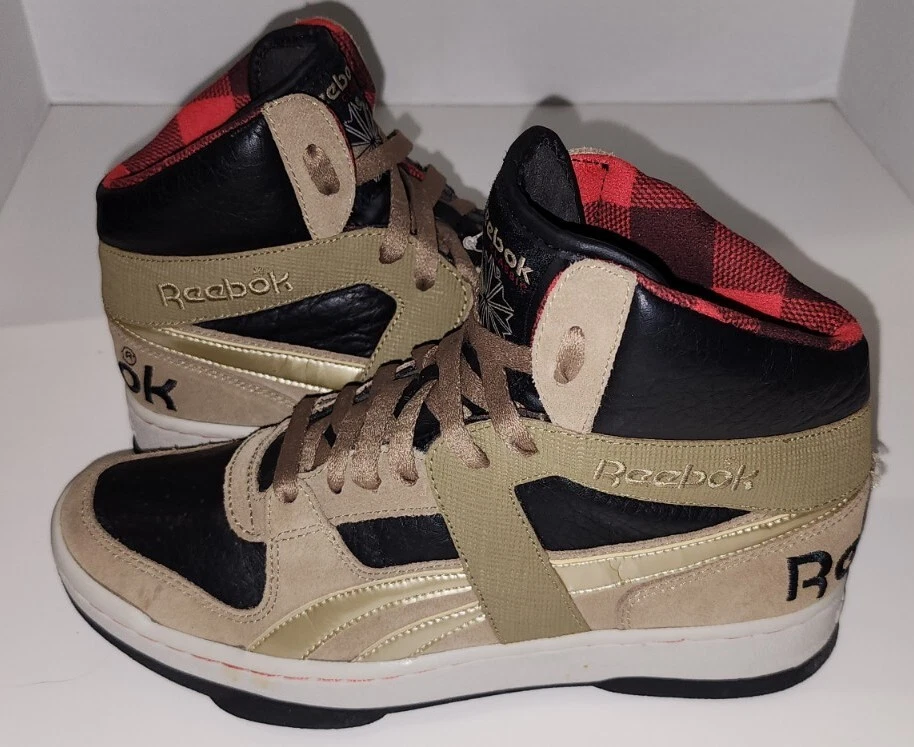 Rare HTF Reebok Classic Hi Tops Tan Black Gold w Buffalo Plaid Lining M7 W9 Nice