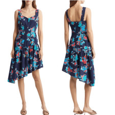 DU PARADIS Summer Night DRESS Sz SMALL FLORAL Asymmetric Hem Tropical Midi NWT