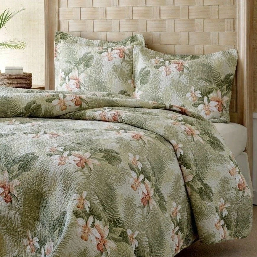 Juego de edredón de algodón de 3 piezas con cama king doble completa queen verde tropical orquídeas Foto 2 de 2