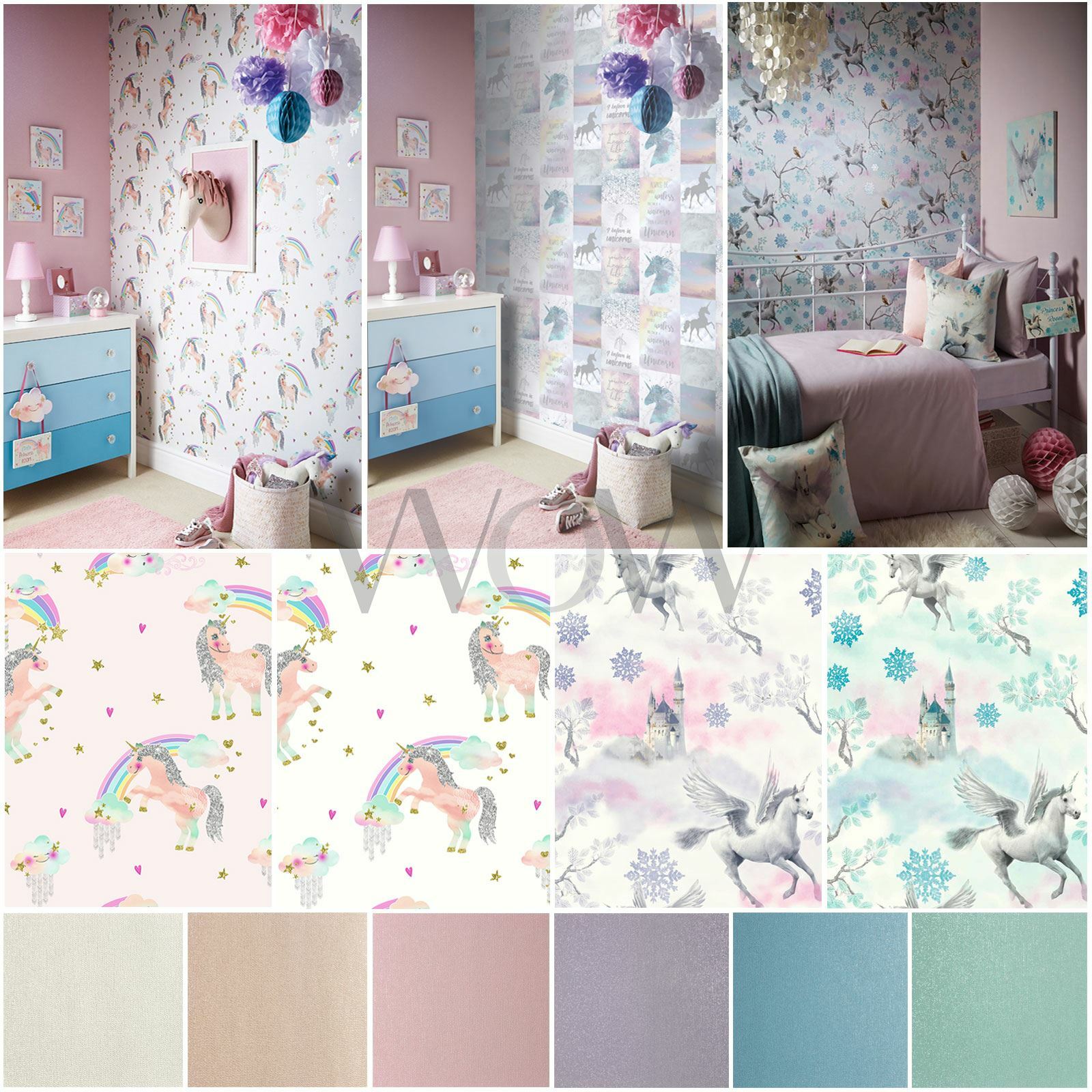 ARTHOUSE RAINBOW & FAIRYTALE UNICORN + GLITTER WALLPAPER WHITE PINK