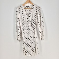 Sportsgirl womens wrap dress size S white polka dot long sleeve Vneck 044882