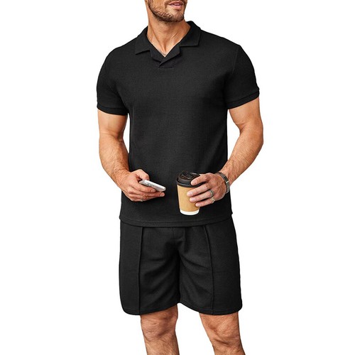 Mens Short Sleeve Polo Shirts Shorts Mens Waffle Fashion Casual Tracksuit Sets - Picture 4 of 32