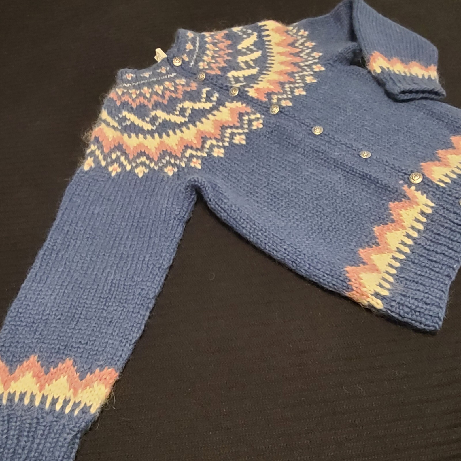 Vtg Handknit Iceland N Wool Blue Cardigan Sweater M Fair Isle Cottagecore Hygge image 5