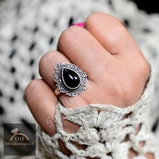 Black Pear Onyx Stone Ring, 925 Sterling Silver, Women Gift Ring, Gemstone Ring