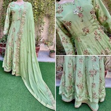 Pakistani Light Green double Maxi Style Embroidered Sequins Raw Silk Dress,L