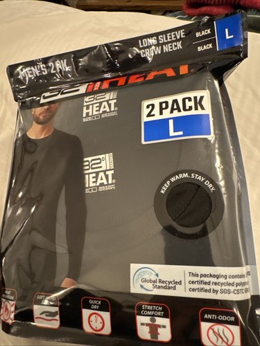 32 Degrees Heat Men's Long Sleeve Crew Neck T-Shirt 2-Pack Size L - Black (NWT)