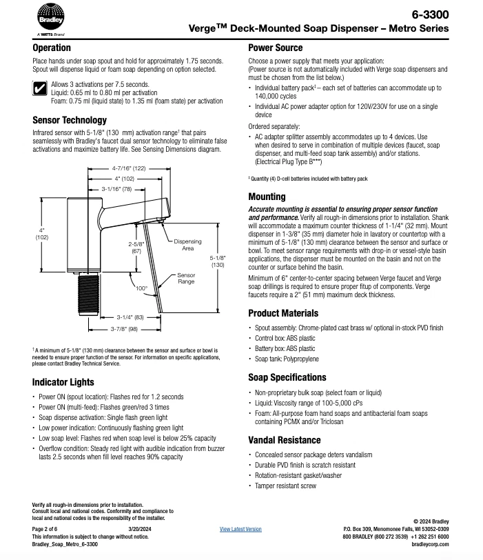 Dispensador de jabón Bradley 6-3300 Verge montado en cubierta espuma sin contacto serie Metro Foto 4 de 4