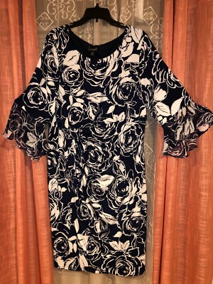 NWT Connected Apparel Womens Dress Dark Navy/White Printed Roses