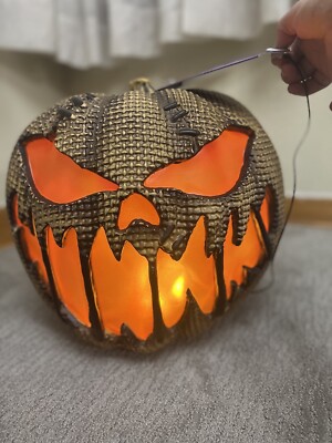 Blow Mold 14''-in Flaming Burlap Pumpkin Halloween LED Scary Rotten 2023