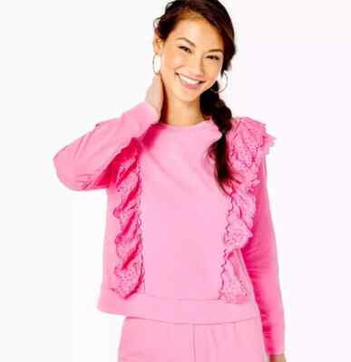Lilly Pulitzer Deva Ruffle Sweatshirt Pullover Top Eyelet Embroidered M 266624