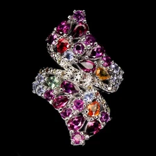 925 Sterling Silver Ring Pear Rhodolite Sapphire Tanzanite Gemstone Jewelry 7.5