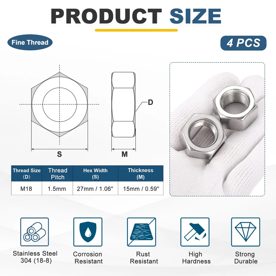 4 Stück M18x1,5 Stahl Sechskantmuttern 27mm / 1,06" Breite 15mm / 0,59" Höhe - Bild 2 von 4