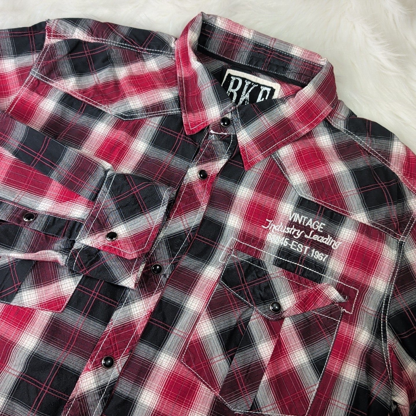 BKE Vintage Western Shirt Men XL Red Plaid Pearl Snap Supreme Heritage Slim