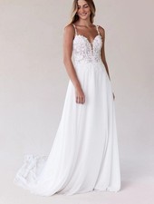Chiffon Lace Wedding Dress Beaded Cut Out Train Buttons 36 38 40 42 44 46