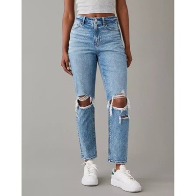 American Eagle Strigid Mom Jean Blown Out Blue Distressed High Rise 4 Short