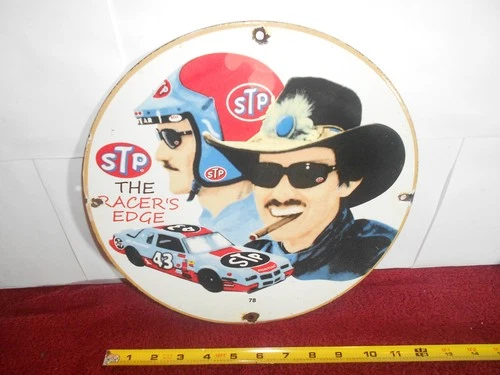 VINTAGE 11 3/4 in STP OIL RACERS EDGE ADV. SIGN HEAVY METAL PORCELAIN # 994 A