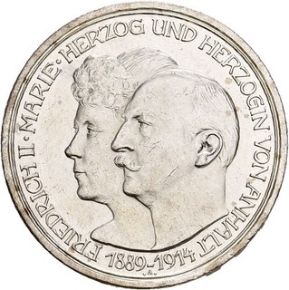 Künker: Anhalt Friedrich II. 3 Mark 1914 A zur silbernen Hochzeit Silber