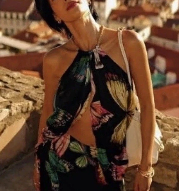 Leo Lin Papillon Silk Halter Gold Chain Top OS Backless Luxury Resort Festival