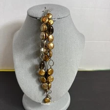 SILPADA B1850 Sterling Silver, Bronze Coin Pearl, Smoky Quartz Toggle Bracelet