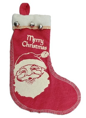 Vintage TYPE Child Small FLANNEL Stocking ORNAMENT ''Merry Christmas'' BELLS #1